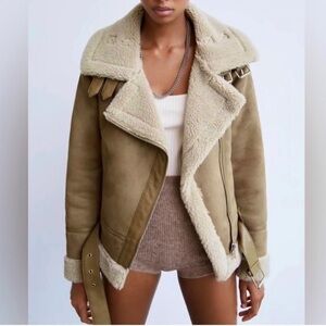 ZARA Tan Faux Suede Leather Sherpa Aviator Moto Jacket
